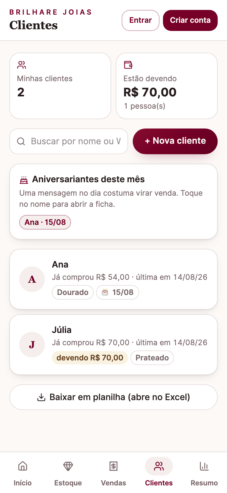 Tela de clientes do controle, com aniversariantes e quem está devendo