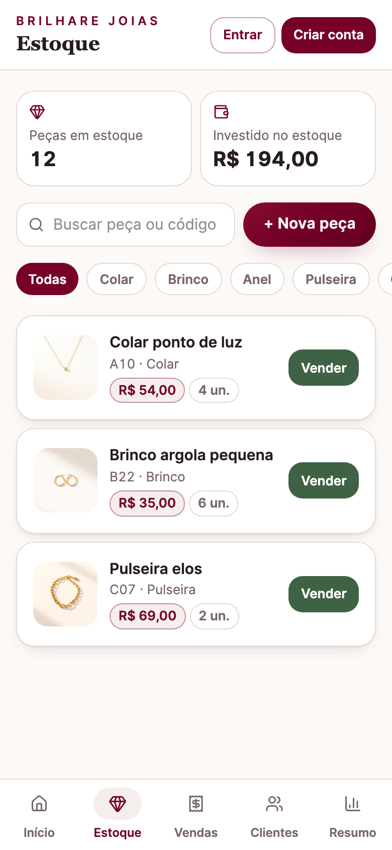 Tela de estoque do controle da Brilhare, com as peças cadastradas