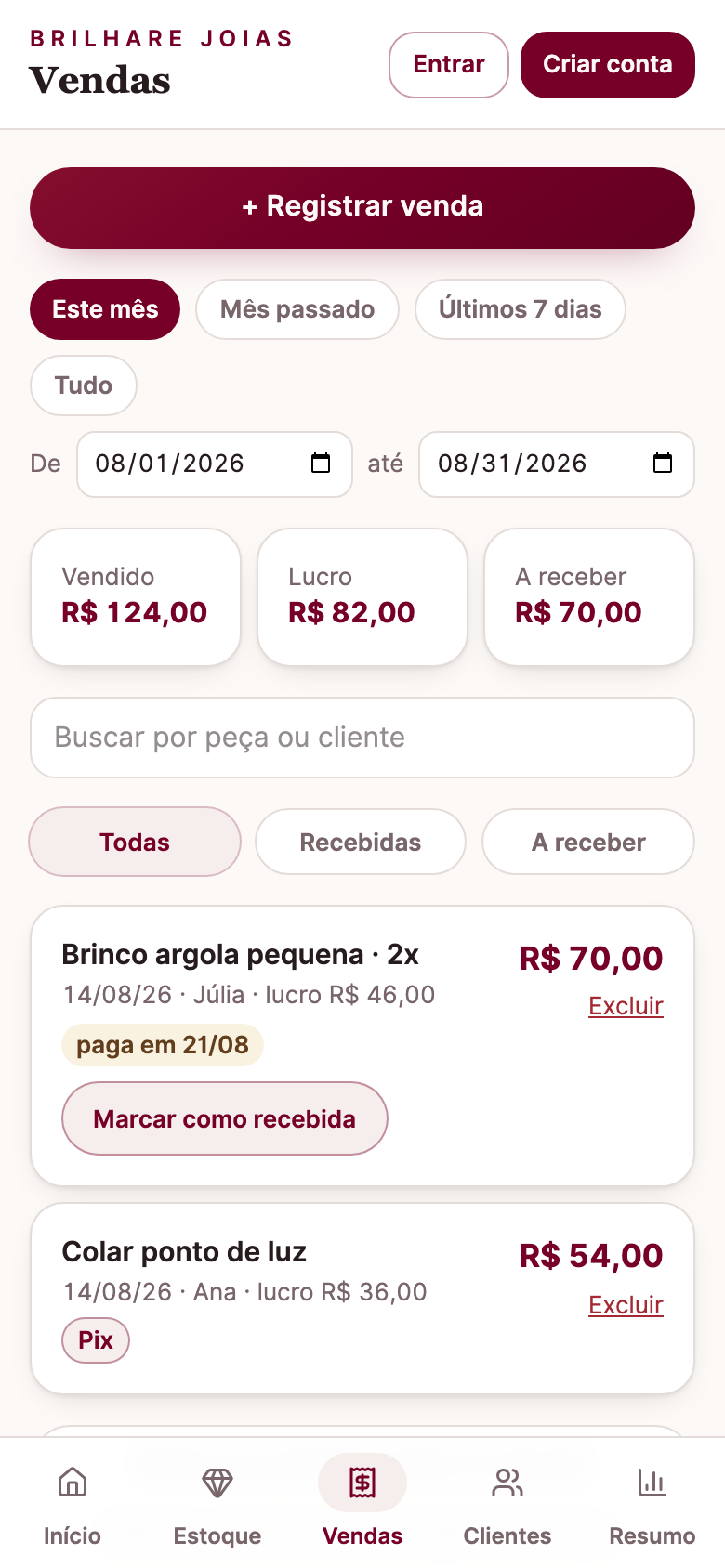 Tela de vendas do controle, com a lista de vendas do mês