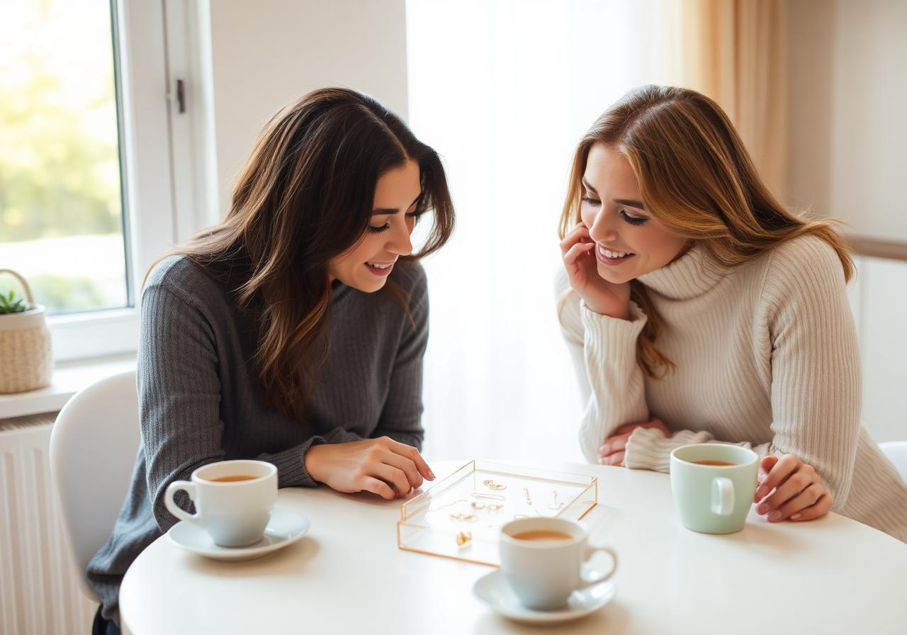 Duas amigas olhando um mostruário de semijoias sobre a mesa