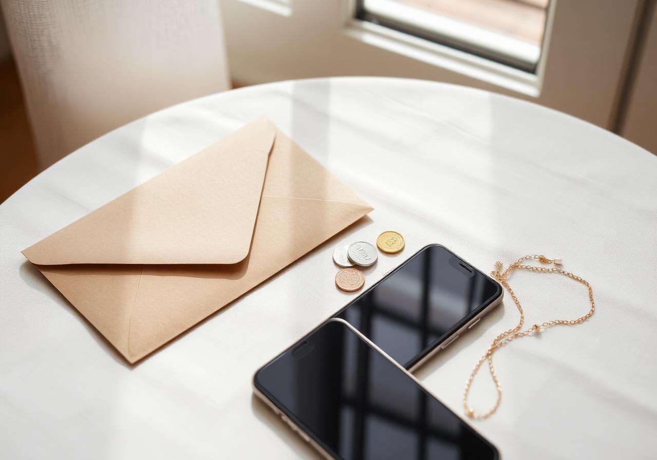 Envelope, moedas e celular sobre a mesa ao lado de uma corrente dourada