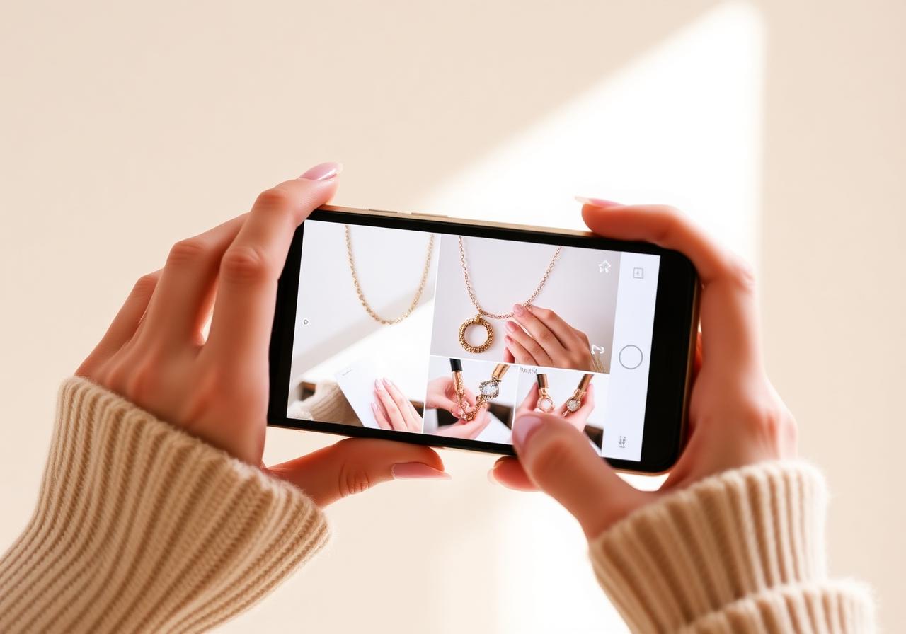 Mãos segurando o celular para fotografar e publicar semijoias