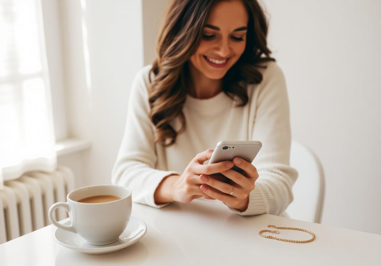 Mulher sorrindo enquanto responde mensagens no celular