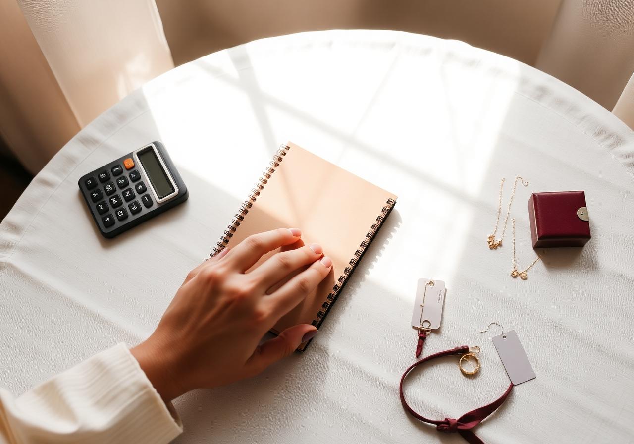 Caderno, calculadora e etiquetas de preço ao lado de semijoias douradas